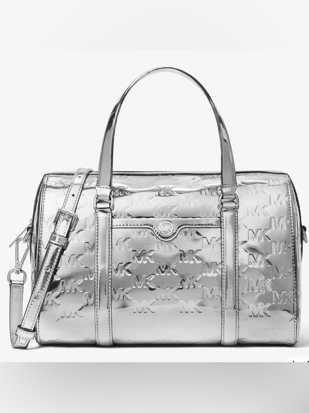 Jet Set Medium Patent Logo Debossed Duffel Crossbody Bag